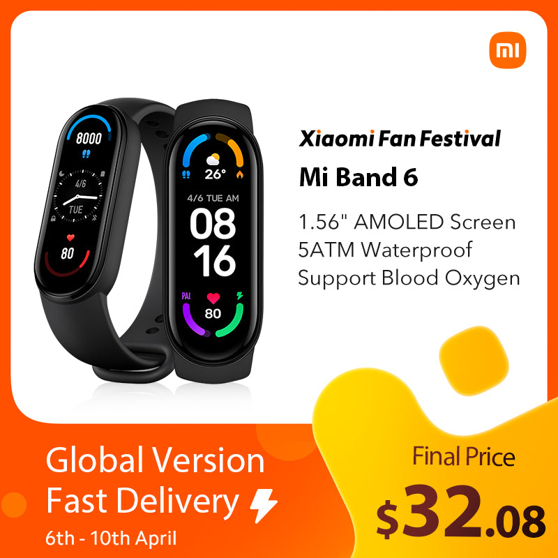 Global Version Xiaomi Mi Band 6 Smart Bracelet 1.56"AMOLED Screen miBand 6 Heart Rate Fitness Traker Bluetooth 5 ATM Waterproof