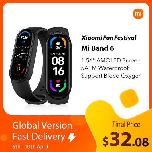 Global Version Xiaomi Mi Band 6 Smart Bracelet 1.56"AMOLED Screen miBand 6 Heart Rate Fitness Traker Bluetooth 5 ATM Waterproof